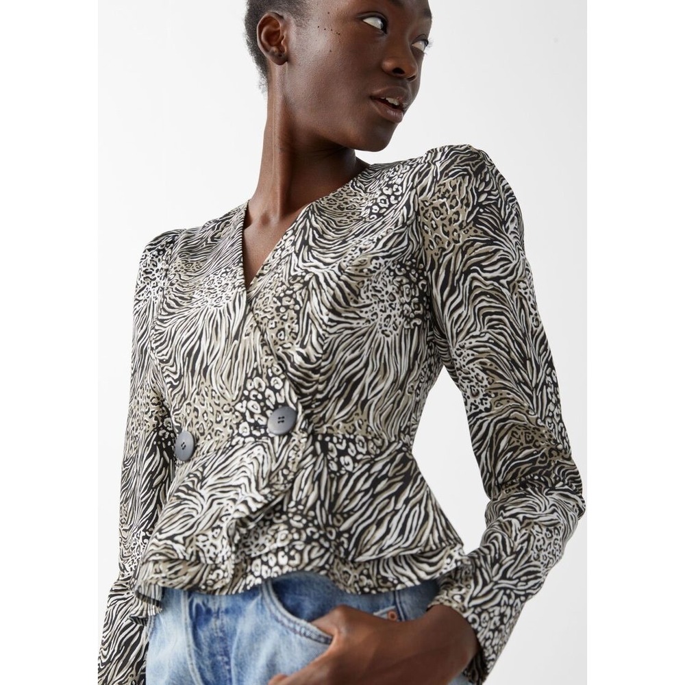 & Other Stories Peplum Duo Button Wrap Blouse Animal Print Wrap Front Long‎ 12